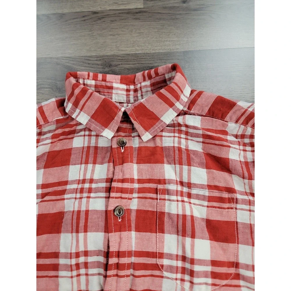 The North Face Linen Blend Button Down Shirt Large Red Plaid Collared Camp Mens